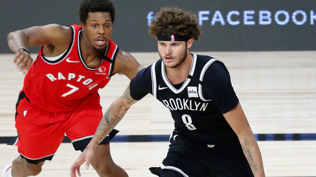Aug 21, 2020; Lake Buena Vista, Florida, USA; Brooklyn Nets guard Tyler Johnson (8) drives to the basket as Toronto Raptors guard Kyle Lowry (7) pursues during the second half in game three of the first round of the 2020 NBA Playoffs at The Field House. Mandatory Credit: Kim Klement-USA TODAY Sports LAKE BUENA VISTA, FLORIDA - AUGUST 21: Tyler Johnson #8 of the Brooklyn Nets drives to the basket as Kyle Lowry #7 of the Toronto Raptors pursues during the second half in Game Three of the first round of the 2020 NBA Playoffs at The Field House at ESPN Wide World Of Sports Complex on August 21, 2020 in Lake Buena Vista, Florida.