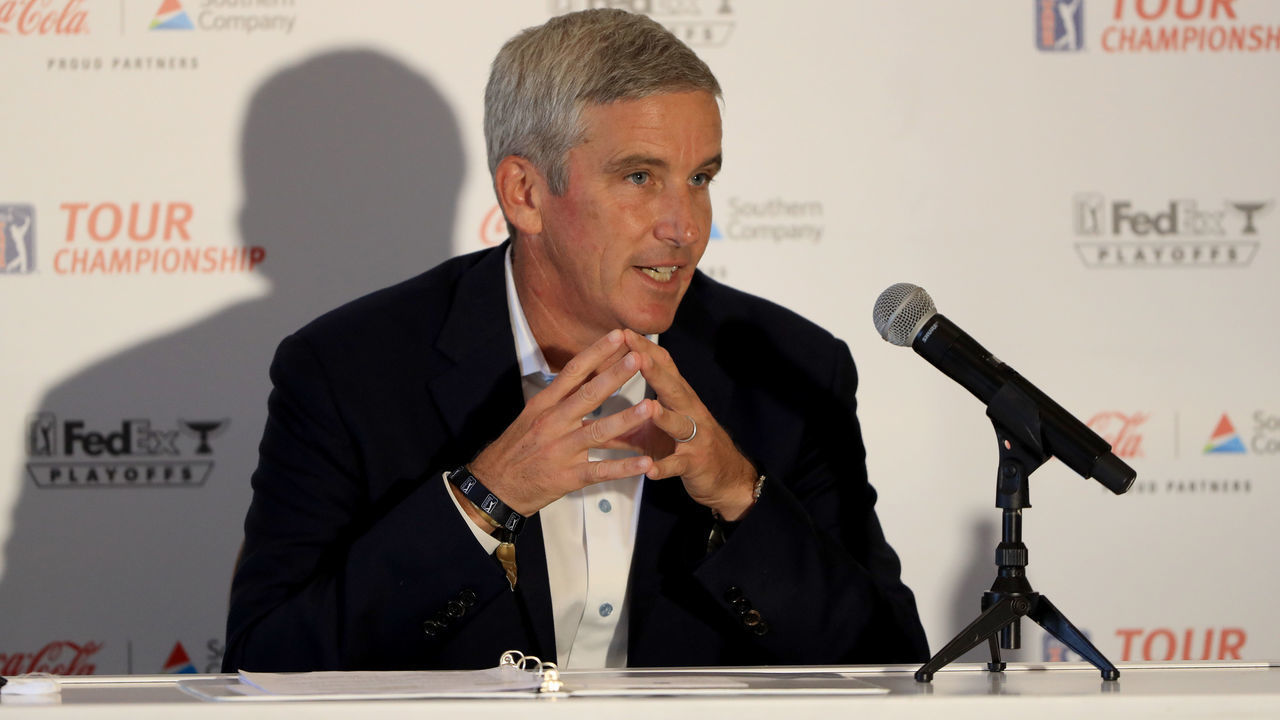 ATLANTA, GEORGIA - SEPTEMBER 02: PGA TOUR Commissioner Jay Monahan speaks to the media prior to the TOUR Championship at East Lake Golf Club on September 02, 2020 in Atlanta, Georgia.