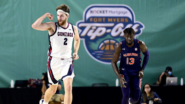 FORT MYERS, FLORIDA - NOVEMBER 27: Drew Timme #2 of the Gonzaga Bulldogs reacts during the first half against the Auburn Tigers during the Rocket Mortgage Fort Myers Tip-Off at Suncoast Credit Union Arena on November 27, 2020 in Fort Myers, Florida.