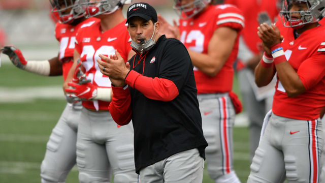 COLUMBUS, OH - OCTOBER 24: Head Coach Ryan Day of the Ohio State Buckeyes and his team warm up before their game against the Nebraska Cornhuskers at Ohio Stadium on October 24, 2020 in Columbus, Ohio.