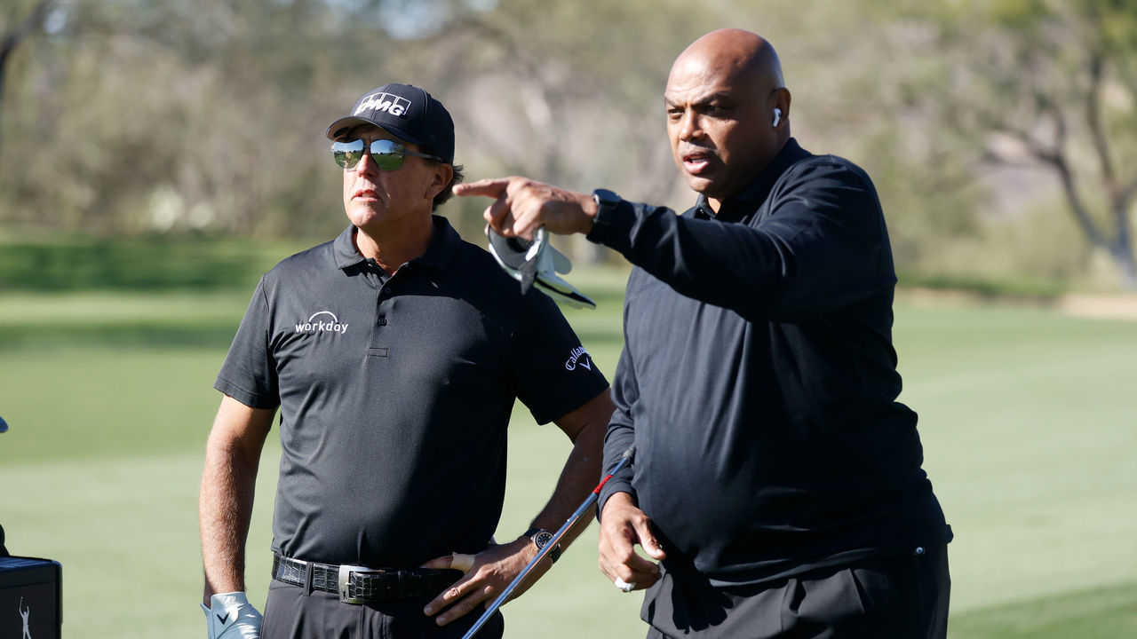 TUCSON, ARIZONA - NOVEMBER 27: Phil Mickelson and Charles Barkley talk during Capital One's The Match: Champions For Change at Stone Canyon Golf Club on November 27, 2020 in Oro Valley, Arizona.