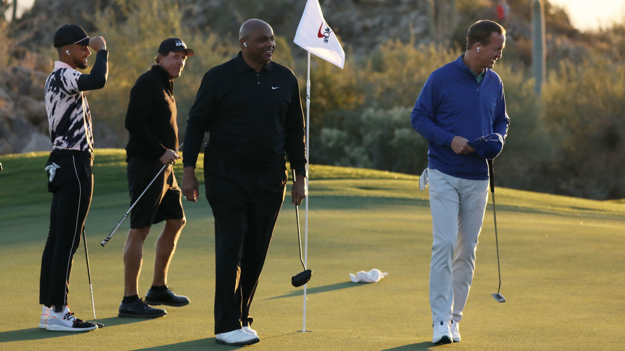 TUCSON, ARIZONA - NOVEMBER 27: Phil Mickelson and Charles Barkley celebrate defeating Stephen Curry and Peyton Manning 4&3 on the 15th green during Capital One's The Match: Champions For Change at Stone Canyon Golf Club on November 27, 2020 in Oro Valley, Arizona.
