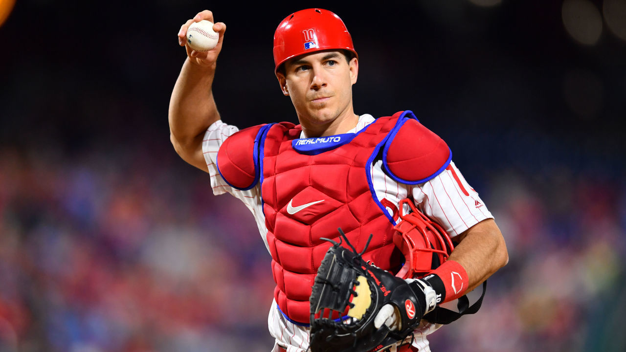 PHILADELPHIA, PA - MAY 15: Philadelphia Phillies Catcher J.T. Realmuto (10) tosses a ball to the dugout in the sixth inning during the game between the Milwaukee Brewers and Philadelphia Phillies on May 15, 2019 at Citizens Bank Park in Philadelphia, PA.