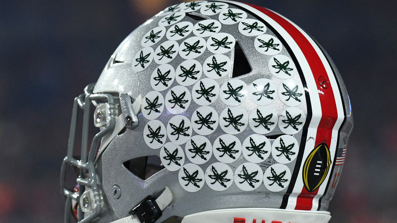 GLENDALE, AZ - DECEMBER 28: An Ohio State football helmet on the sidelines during the 2019 PlayStation Fiesta Bowl college football playoff semifinal game between the Ohio State Buckeyes and the Clemson Tigers on December 28, 2019 at State Farm Stadium in Glendale, AZ.