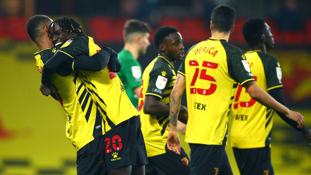 WATFORD, ENGLAND - NOVEMBER 28: Joao Pedro of Watford FC celebrates scoring his teams fourth goal during the Sky Bet Championship match between Watford and Preston North End at Vicarage Road on November 28, 2020 in Watford, England. Sporting stadiums around the UK remain under strict restrictions due to the Coronavirus Pandemic as Government social distancing laws prohibit fans inside venues resulting in games being played behind closed doors.
