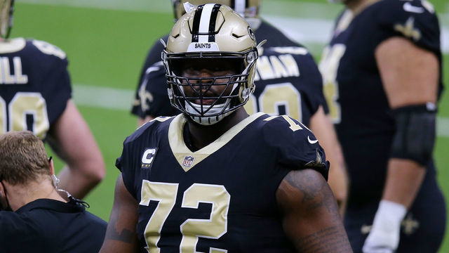 NEW ORLEANS, LOUISIANA - OCTOBER 25: Terron Armstead #72 of the New Orleans Saints reacts against the Carolina Panthers during a game at the Mercedes-Benz Superdome on October 25, 2020 in New Orleans, Louisiana.