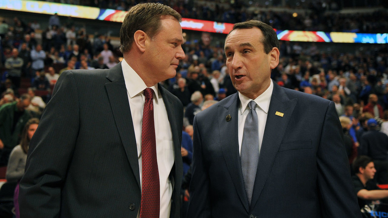 CHICAGO, IL - NOVEMBER 12: Head Coach Mike Krzyzewski (R) of the Duke Blue Devils talks with Head Coach Bill Self of the Kansas Jayhawks prior to their game during the State Farm Champions Classic at the United Center on November 12, 2013 in Chicago, Illinois. Kansas defeated Duke 94-83.