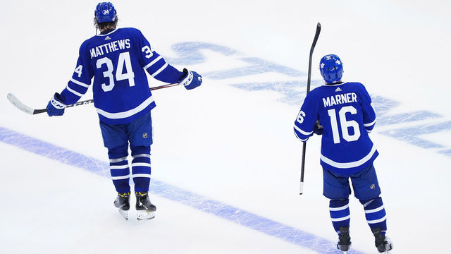 TORONTO, ONTARIO - AUGUST 09: Auston Matthews #34 and Mitchell Marner #16 of the Toronto Maple Leafs look on following their lose to the Columbus Blue Jackets 3-0 in Game Five of the Eastern Conference Qualification Round prior to the 2020 NHL Stanley Cup Playoffs at Scotiabank Arena on August 09, 2020 in Toronto, Ontario.