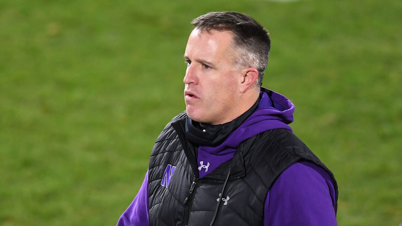 EAST LANSING, MI - NOVEMBER 28: Northwestern Wildcats head coach Pat Fitzgerald paces the sideline during a college football game between the Michigan State Spartans and the Northwestern Wildcats on November 28, 2020 at Spartan Stadium in East Lansing, MI.
