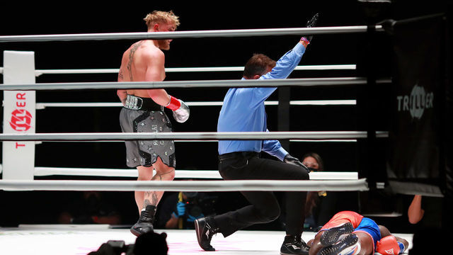 LOS ANGELES, CALIFORNIA - NOVEMBER 28: Jake Paul reacts over his knockout victory against Nate Robinson in the second round during Mike Tyson vs Roy Jones Jr. presented by Triller at Staples Center on November 28, 2020 in Los Angeles, California.