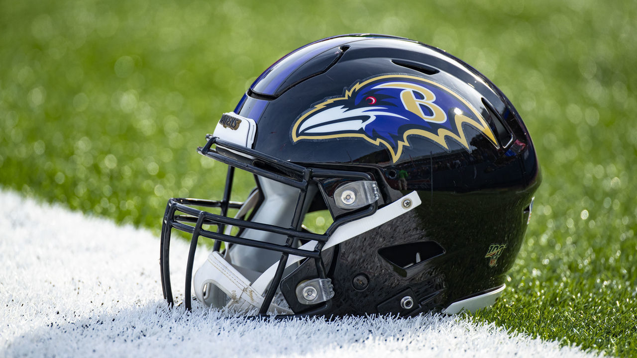 ORCHARD PARK, NY - DECEMBER 08: Detail view of a Baltimore Ravens helmet on the field before the game against the Buffalo Bills at New Era Field on December 8, 2019 in Orchard Park, New York. Baltimore defeats Buffalo 24-17.