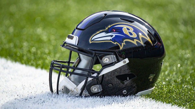 ORCHARD PARK, NY - DECEMBER 08: Detail view of a Baltimore Ravens helmet on the field before the game against the Buffalo Bills at New Era Field on December 8, 2019 in Orchard Park, New York. Baltimore defeats Buffalo 24-17.