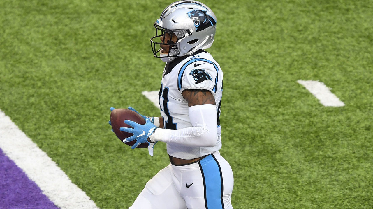 MINNEAPOLIS, MINNESOTA - NOVEMBER 29: Jeremy Chinn #21 of the Carolina Panthers celebrates after recovering a fumble by Kirk Cousins #8 of the Minnesota Vikings (not pictured) and returning it for a touchdown during the third quarter at U.S. Bank Stadium on November 29, 2020 in Minneapolis, Minnesota.