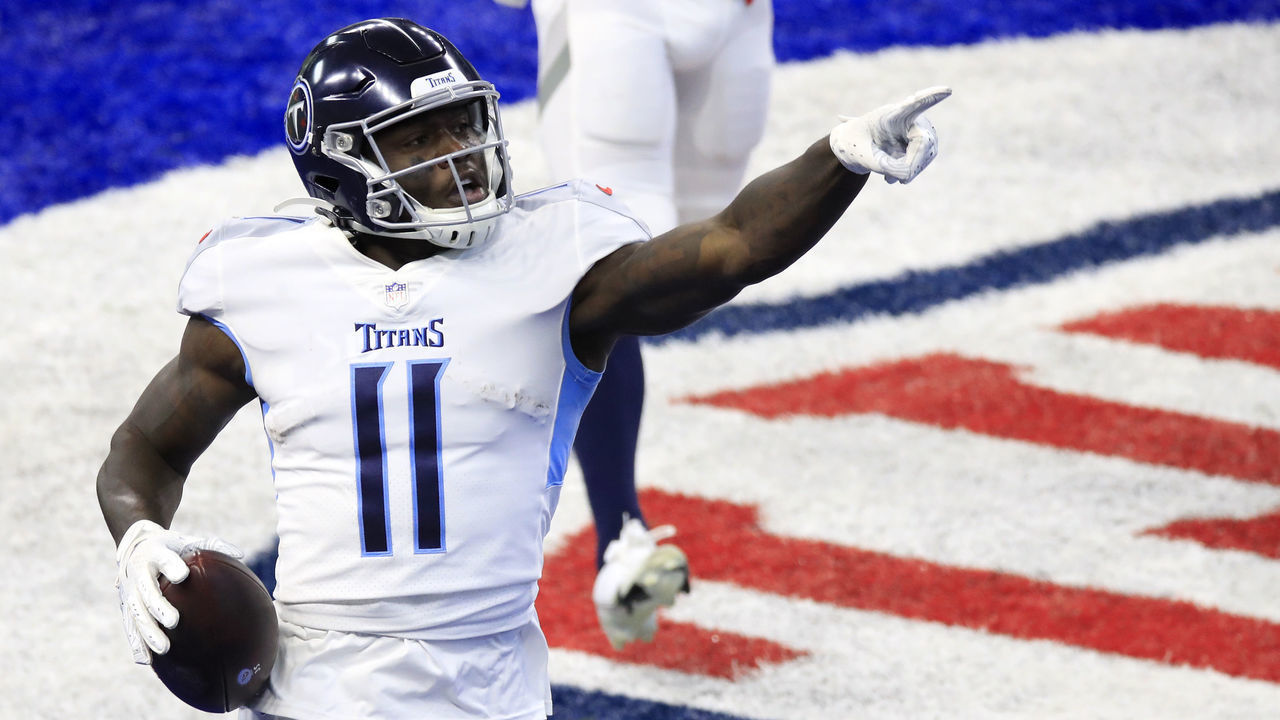 INDIANAPOLIS, INDIANA - NOVEMBER 29: A.J. Brown #11 of the Tennessee Titans reacts following a touchdown reception in the first quarter during their game against the Indianapolis Colts at Lucas Oil Stadium on November 29, 2020 in Indianapolis, Indiana.