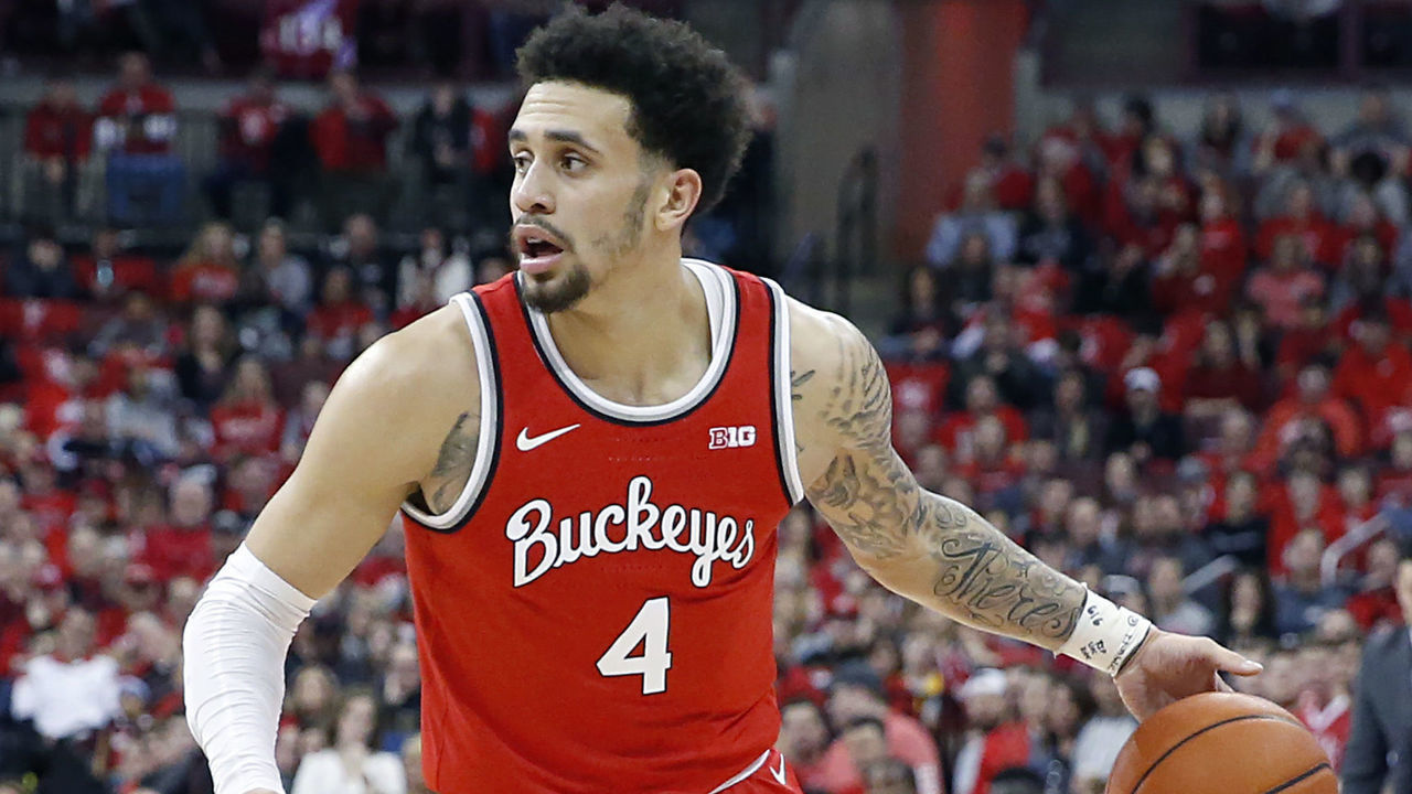 COLUMBUS, OHIO - MARCH 01: Duane Washington Jr. #4 of the Ohio State Buckeyes brings the ball up the court in the game against the Michigan Wolverines at Value City Arena on March 01, 2020 in Columbus, Ohio.
