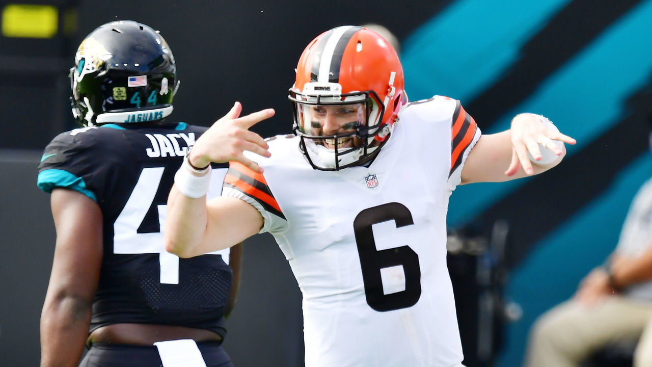 JACKSONVILLE, FLORIDA - NOVEMBER 29: Baker Mayfield #6 of the Cleveland Browns celebrates a first quarter touchdown against the Jacksonville Jaguars at TIAA Bank Field on November 29, 2020 in Jacksonville, Florida.