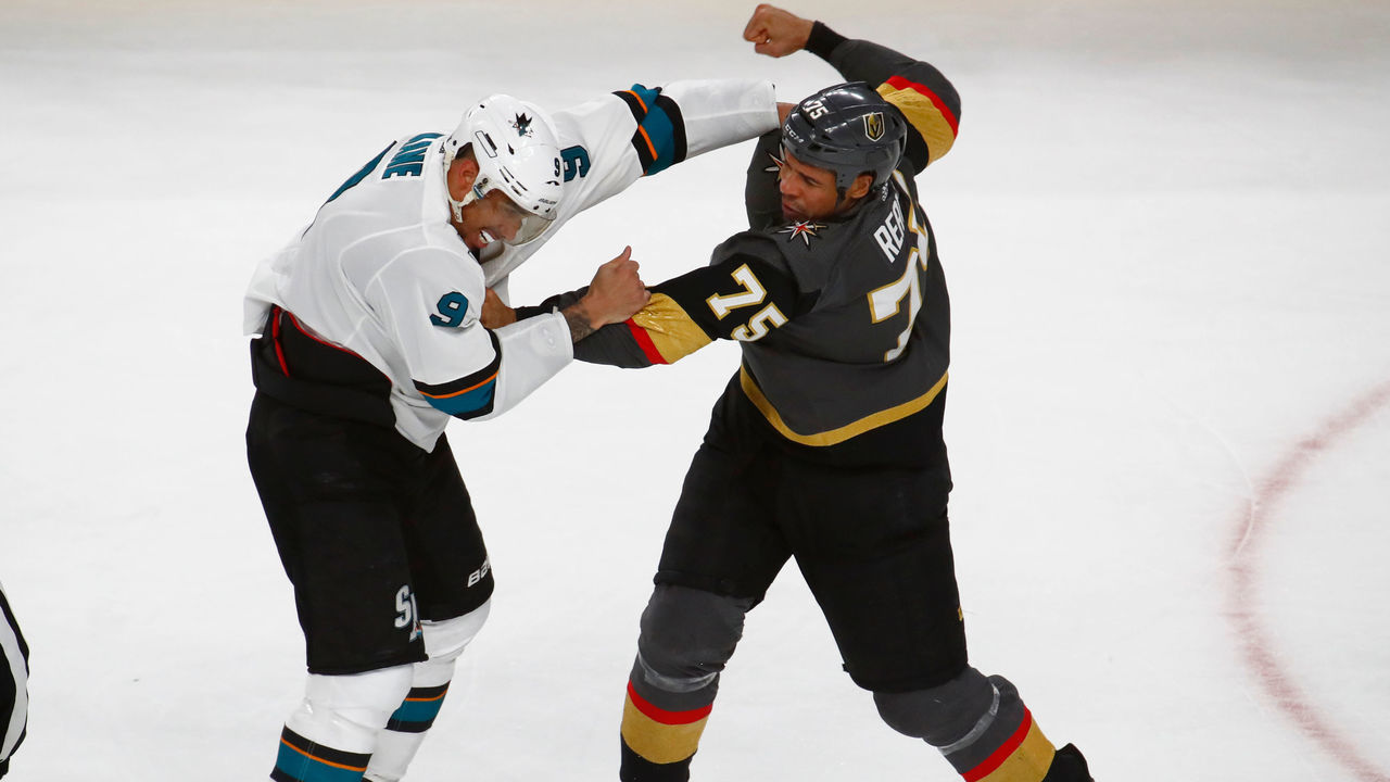 LAS VEGAS, NV - APRIL 14: Ryan Reaves (75) of the Vegas Golden Knights fights Evander Kane (9) of the San Jose Sharks during a Stanley Cup Playoffs first round game between the San Jose Sharks and the Vegas Golden Knights on April 14, 2019 at T-Mobile Arena in Las Vegas, Nevada.
