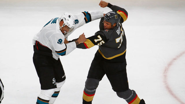 LAS VEGAS, NV - APRIL 14: Ryan Reaves (75) of the Vegas Golden Knights fights Evander Kane (9) of the San Jose Sharks during a Stanley Cup Playoffs first round game between the San Jose Sharks and the Vegas Golden Knights on April 14, 2019 at T-Mobile Arena in Las Vegas, Nevada.