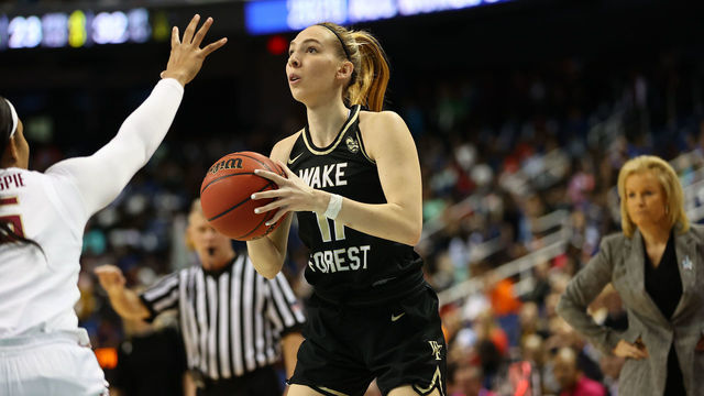 GREENSBORO, NC - MARCH 06: Wake Forest Demon Deacons forward Ivana Raca (11) with the ball during the 1st half of the ACC Womens Tournament Wake Forest Demon Deacons versus the Florida State Seminoles on March 6th, 2020 at Greensboro Coliseum Complex in Greensboro, NC.(