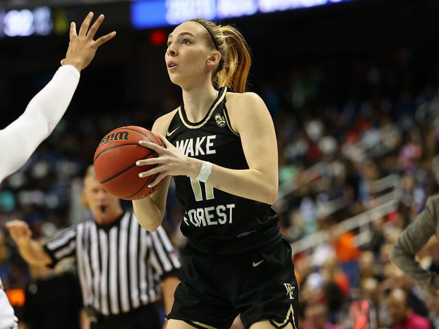 GREENSBORO, NC - MARCH 06: Wake Forest Demon Deacons forward Ivana Raca (11) with the ball during the 1st half of the ACC Womens Tournament Wake Forest Demon Deacons versus the Florida State Seminoles on March 6th, 2020 at Greensboro Coliseum Complex in Greensboro, NC.(