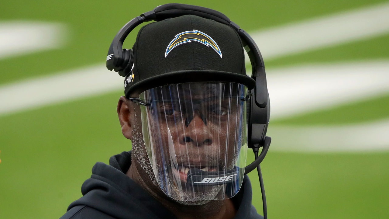INGLEWOOD, CALIFORNIA - OCTOBER 25: Head coach Anthony Lynn of the Los Angeles Chargers looks on during the first quarter against the Jacksonville Jaguars at SoFi Stadium on October 25, 2020 in Inglewood, California.