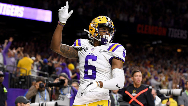 NEW ORLEANS, LA - JANUARY 13: Terrace Marshall Jr. #6 of the LSU Tigers celebrates after scoring a touchdown against the Clemson Tigers during the College Football Playoff National Championship held at the Mercedes-Benz Superdome on January 13, 2020 in New Orleans, Louisiana.