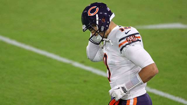 GREEN BAY, WISCONSIN - NOVEMBER 29: Mitchell Trubisky #10 of the Chicago Bears participates in warmups prior to a game against the Green Bay Packers at Lambeau Field on November 29, 2020 in Green Bay, Wisconsin. The Packers defeated the Bears 45-21.