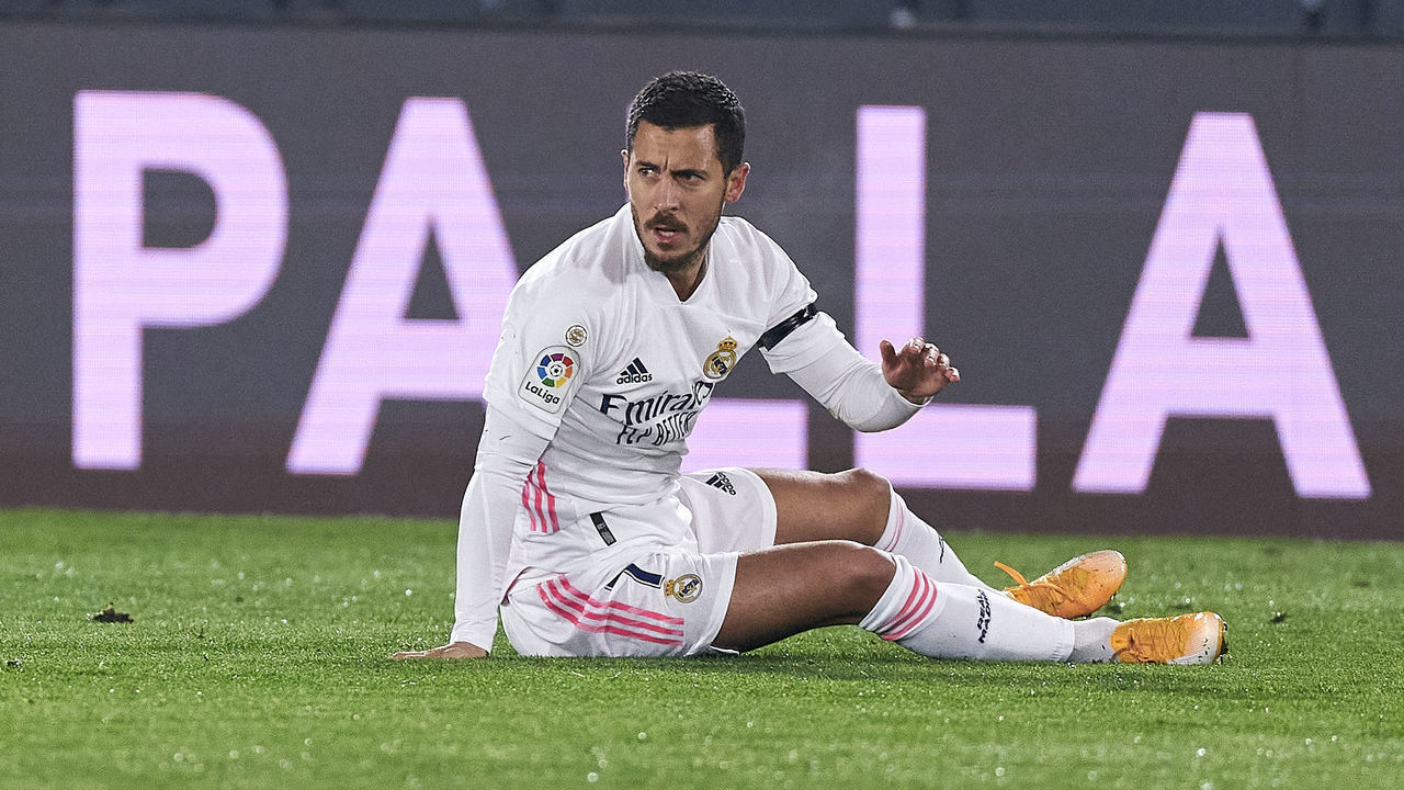 MADRID, SPAIN - NOVEMBER 28: Eden Hazard of Real Madrid looks on during the La Liga Santander match between Real Madrid and Deportivo Alaves at Estadio Santiago Bernabeu on November 28, 2020 in Madrid, Spain.