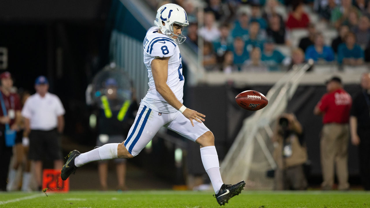 JACKSONVILLE, FL - DECEMBER 29: Indianapolis Colts Punter Rigoberto Sanchez (8) punts during the game between the Indianapolis Colts and the Jacksonville Jaguars on December 29, 2019 at TIAA Bank Field in Jacksonville, Fl.