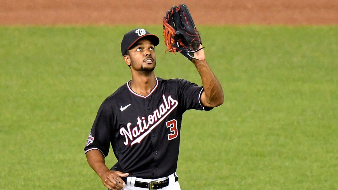 WASHINGTON, DC - SEPTEMBER 26: Michael A. Taylor #3 of the Washington Nationals catches a fly ball against the New York Mets during game 2 of a double header at Nationals Park on September 26, 2020 in Washington, DC.