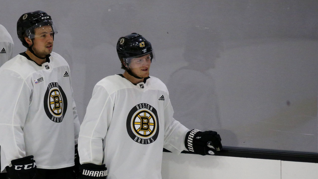 BOSTON - JULY 25: Zdeno Chara, Charlie McAvoy and Torey Krug during Boston Bruins hockey practice at Warrior Ice Arena in Brighton, MA on July 25, 2020.