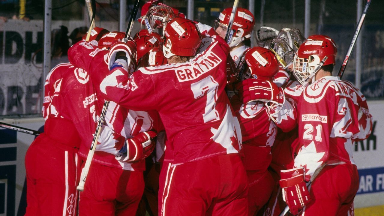 GAVLE, SWEDEN - 1993: Team Canada celebrates during the World Junior Ice Hockey Championships circa January of 1993 in Gavle, Sweden.