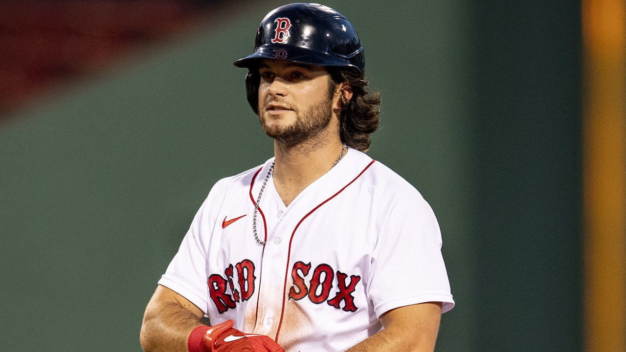 BOSTON, MA - AUGUST 11: Andrew Benintendi #16 of the Boston Red Sox reacts during the first inning of a game against the Tampa Bay Rays on August 11, 2020 at Fenway Park in Boston, Massachusetts.