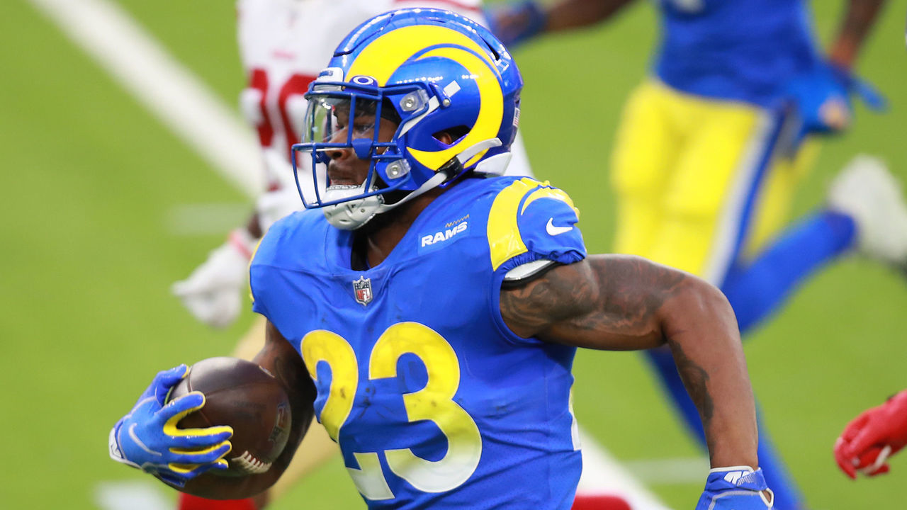 INGLEWOOD, CALIFORNIA - NOVEMBER 29: Cam Akers #23 of the Los Angeles Rams runs with the ball during the third quarter against the San Francisco 49ers at SoFi Stadium on November 29, 2020 in Inglewood, California.