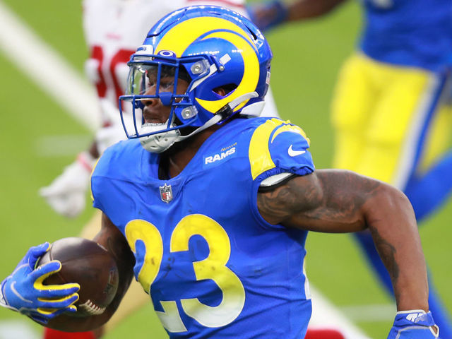 INGLEWOOD, CALIFORNIA - NOVEMBER 29: Cam Akers #23 of the Los Angeles Rams runs with the ball during the third quarter against the San Francisco 49ers at SoFi Stadium on November 29, 2020 in Inglewood, California.