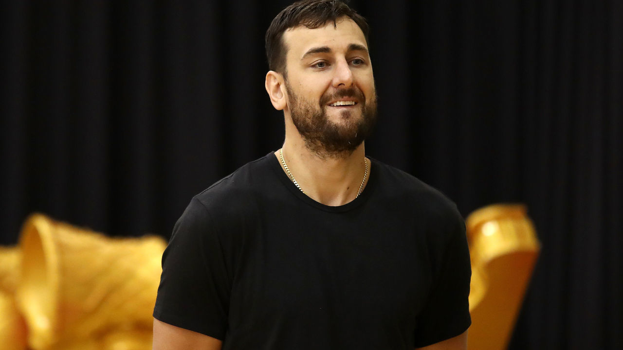 SYDNEY, AUSTRALIA - MARCH 07: Andrew Bogut speaks to the media during a press conference announcing his short term contract with the Golden State Warriors, at Qudos Bank Arena on March 07, 2019 in Sydney, Australia.