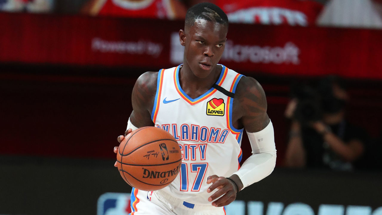 Orlando, FL - SEPTEMBER 2: Dennis Schroder #17 of the Oklahoma City Thunder handles the ball during the game against the Houston Rockets during Round One Game Seven of the NBA Playoffs on September 2, 2020 at The AdventHealth Arena at ESPN Wide World Of Sports Complex in Orlando, Florida. NOTE TO USER: User expressly acknowledges and agrees that, by downloading and/or using this Photograph, user is consenting to the terms and conditions of the Getty Images License Agreement. Mandatory Copyright Notice: Copyright 2020 NBAE