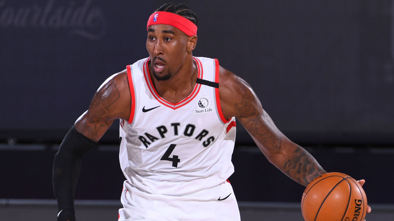 Orlando, FL - AUGUST 14: Rondae Hollis-Jefferson #4 of the Toronto Raptors handles the ball against the Denver Nuggets on August 14, 2020 at The Field House in Orlando, Florida. NOTE TO USER: User expressly acknowledges and agrees that, by downloading and/or using this Photograph, user is consenting to the terms and conditions of the Getty Images License Agreement. Mandatory Copyright Notice: Copyright 2020 NBAE
