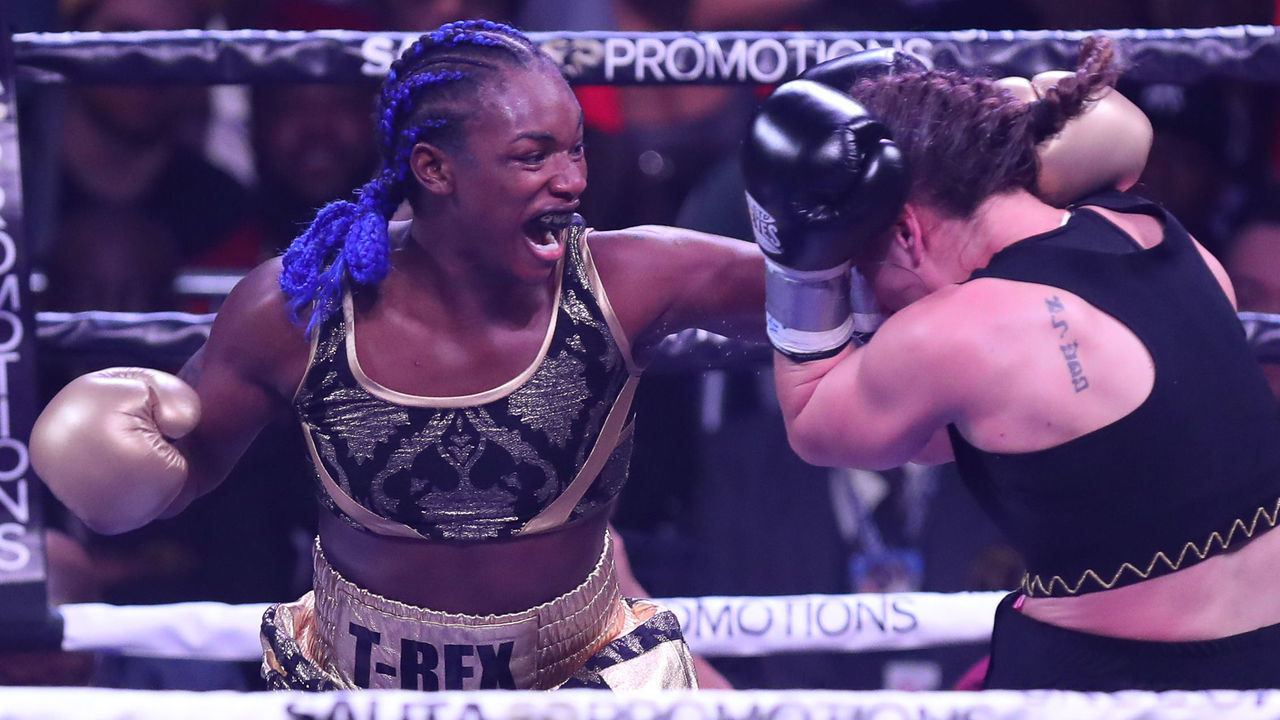 ATLANTIC CITY, NJ - JANUARY 10: Claressa Shields throws a left hand against Ivana Habazin during their fight on January 10, 2020 at Ocean Casino Resort in Atlantic City, New Jersey.