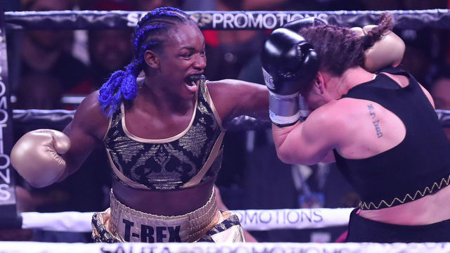 ATLANTIC CITY, NJ - JANUARY 10: Claressa Shields throws a left hand against Ivana Habazin during their fight on January 10, 2020 at Ocean Casino Resort in Atlantic City, New Jersey.