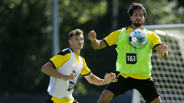 BAD RAGAZ, SWITZERLAND - AUGUST 16: Thomas Meunier and Emre Can of Borussia Dortmund during a training session as part of the training camp on August 16, 2020 in Bad Ragaz, Switzerland.