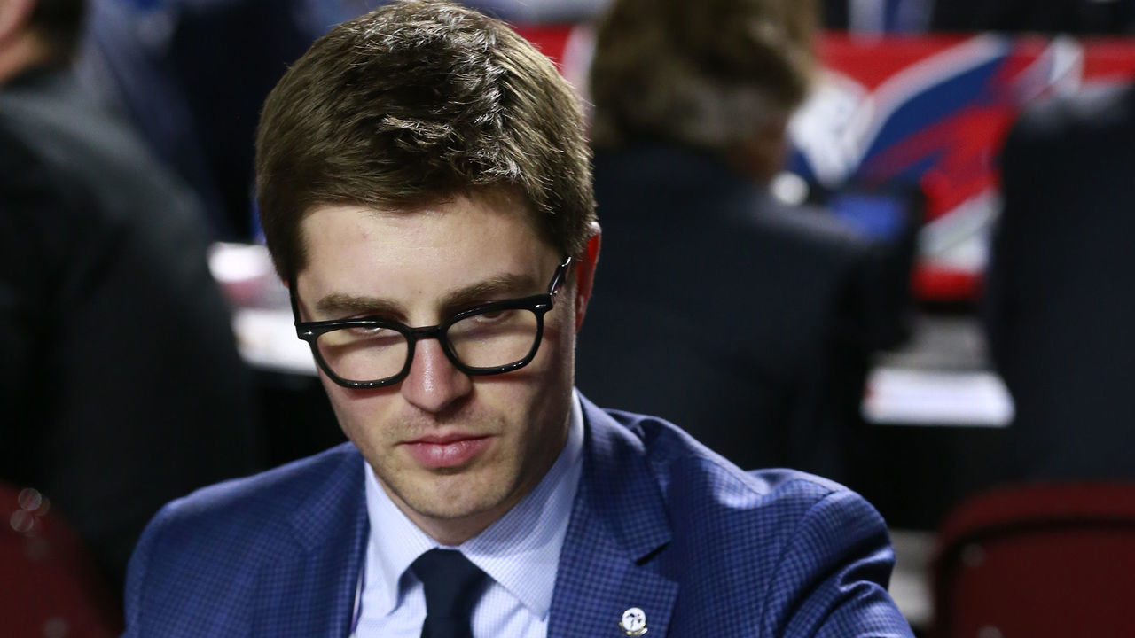 VANCOUVER, BRITISH COLUMBIA - JUNE 21: General manager Kyle Dubas of the Toronto Maple Leafs puts the phone down during the first round of the 2019 NHL Draft at Rogers Arena on June 21, 2019 in Vancouver, Canada.
