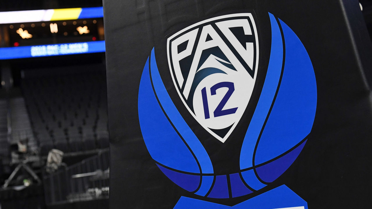 LAS VEGAS, NEVADA - MARCH 15: A Pac-12 basketball logo is shown on a stanchion before a semifinal game of the of the Pac-12 basketball tournament between the Colorado Buffaloes and the Washington Huskies at T-Mobile Arena on March 15, 2019 in Las Vegas, Nevada.