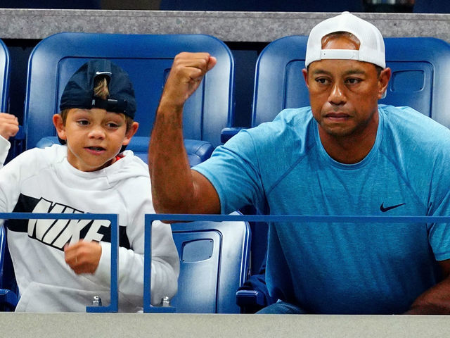 NEW YORK, NEW YORK - SEPTEMBER 03: (L-R) Charlie Axel Woods and Tiger Woods are seen at The 2019 US Open Tennis Championships on September 03, 2019 in New York City.