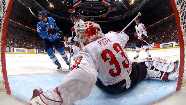 VANCOUVER - JANUARY 3: Justin Pogge #33 of Team Canada moves across the crease against Team Finland during their World Jr. Hockey Championship semi-final game on January 3, 2006 at General Motors Place in Vancouver, British Columbia.