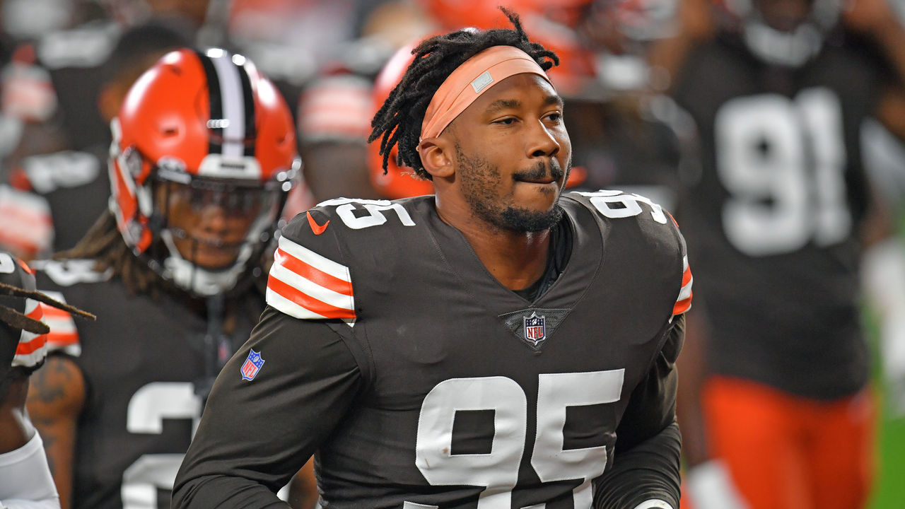 CLEVELAND, OHIO - SEPTEMBER 17: Defensive end Myles Garrett #95 of the Cleveland Browns runs off the field after pregame warmups prior to the game against the Cincinnati Bengals at FirstEnergy Stadium on September 17, 2020 in Cleveland, Ohio. The Browns defeated the Bengals 35-30.