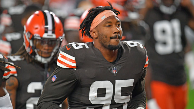 CLEVELAND, OHIO - SEPTEMBER 17: Defensive end Myles Garrett #95 of the Cleveland Browns runs off the field after pregame warmups prior to the game against the Cincinnati Bengals at FirstEnergy Stadium on September 17, 2020 in Cleveland, Ohio. The Browns defeated the Bengals 35-30.