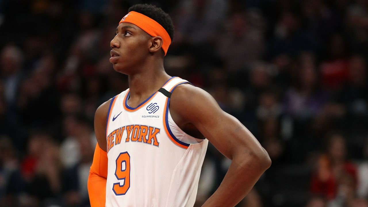 WASHINGTON, DC - MARCH 10: RJ Barrett #9 of the New York Knicks reacts against the Washington Wizards during the first half at Capital One Arena on March 10, 2020 in Washington, DC.