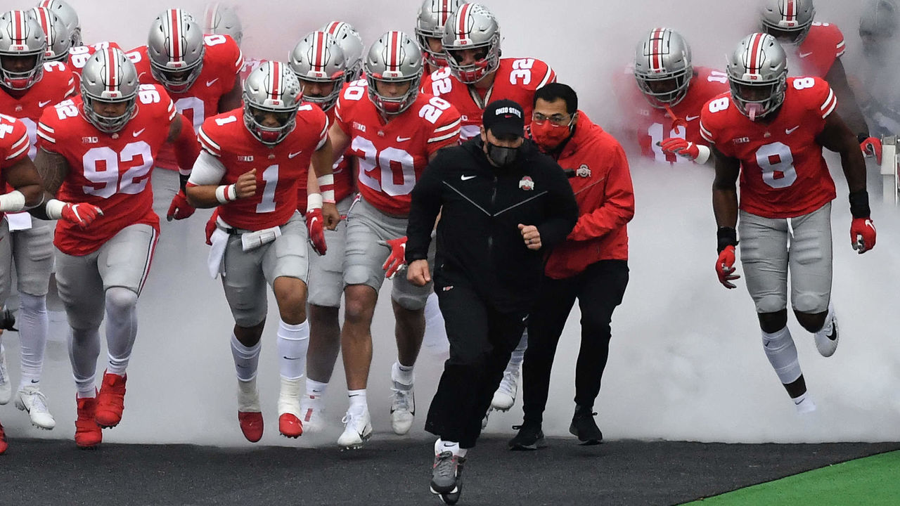 COLUMBUS, OH - NOVEMBER 21: Head Coach Ryan Day of the Ohio State Buckeyes leads his team on to the field for a game against the Indiana Hoosiers at Ohio Stadium on November 21, 2020 in Columbus, Ohio.