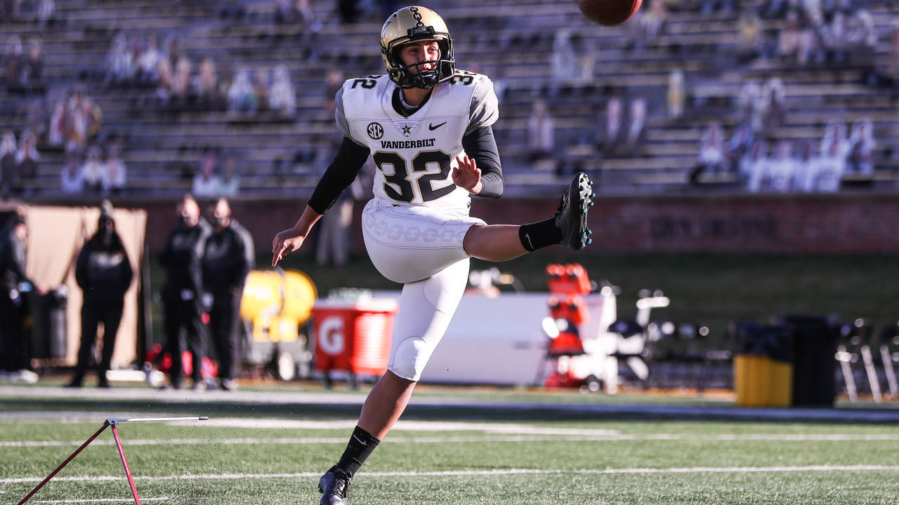 COLUMBIA, MO - NOVEMBER 28: Sarah Fuller #32 of the Vanderbilt Commodores warms up prior to the game against the Missouri Tigers at Farout Field on November 28, 2020 in Columbia, Missouri.